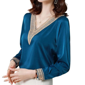 SURESTORY Women's Elegant Fashion Luxury Silk Designer Lace Trimmed Blouse - Divine Inspiration Styles