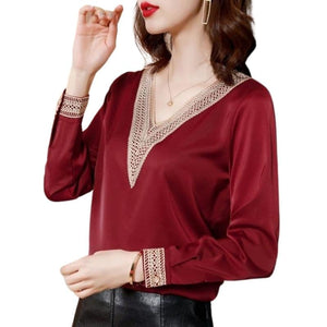 SURESTORY Women's Elegant Fashion Luxury Silk Designer Lace Trimmed Blouse - Divine Inspiration Styles