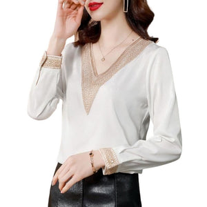 SURESTORY Women's Elegant Fashion Luxury Silk Designer Lace Trimmed Blouse - Divine Inspiration Styles