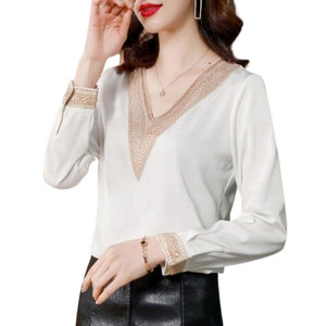 SURESTORY Women's Elegant Fashion Luxury Silk Designer Lace Trimmed Blouse - Divine Inspiration Styles
