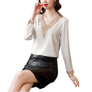 SURESTORY Women's Elegant Fashion Luxury Silk Designer Lace Trimmed Blouse - Divine Inspiration Styles
