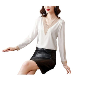 SURESTORY Women's Elegant Fashion Luxury Silk Designer Lace Trimmed Blouse - Divine Inspiration Styles