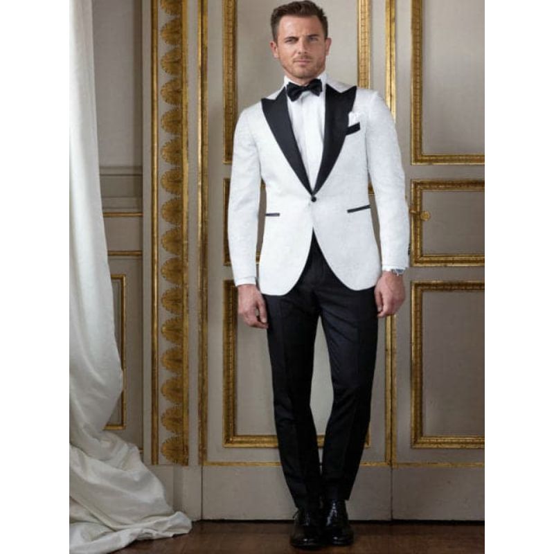 SZSUITS Men's Fashion Suit Sets With Pants Italian Tuxedo Polished Velvet Lapel Blazer White & Black Suit Set - Divine Inspiration Styles