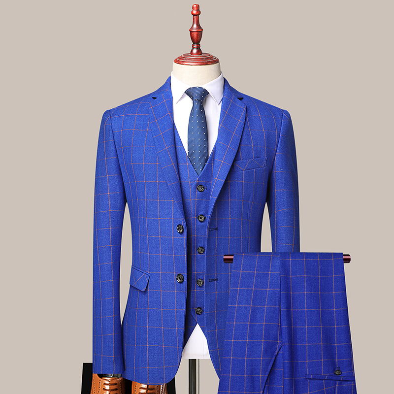 TQSUITS Men's Premium Quality Jacket Vest & Pants 3 Piece Formal Wear Royal Blue & Brown Plaid 2 Buttons Suit Set - Divine Inspiration Styles