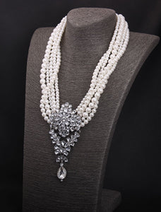 BELLA Design Women's Luxury Style Fashion Vintage Flower Rhinestones & Beads Multi-Layer Pearl Necklace Jewelry