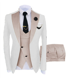 KENTON SUITS Men's Fashion Formal 3 Piece Tuxedo (Jacket + Pants + Vest) White & Champagne Suit Set