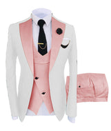 KENTON SUITS Men's Fashion Formal 3 Piece Tuxedo (Jacket + Pants + Vest) White & Pink Suit Set - Divine Inspiration Styles