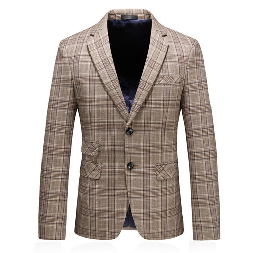CGSUITS Men's Fashion Luxury Style Plaid Design Jacquard Khaki Brown Blazer Suit Jacket