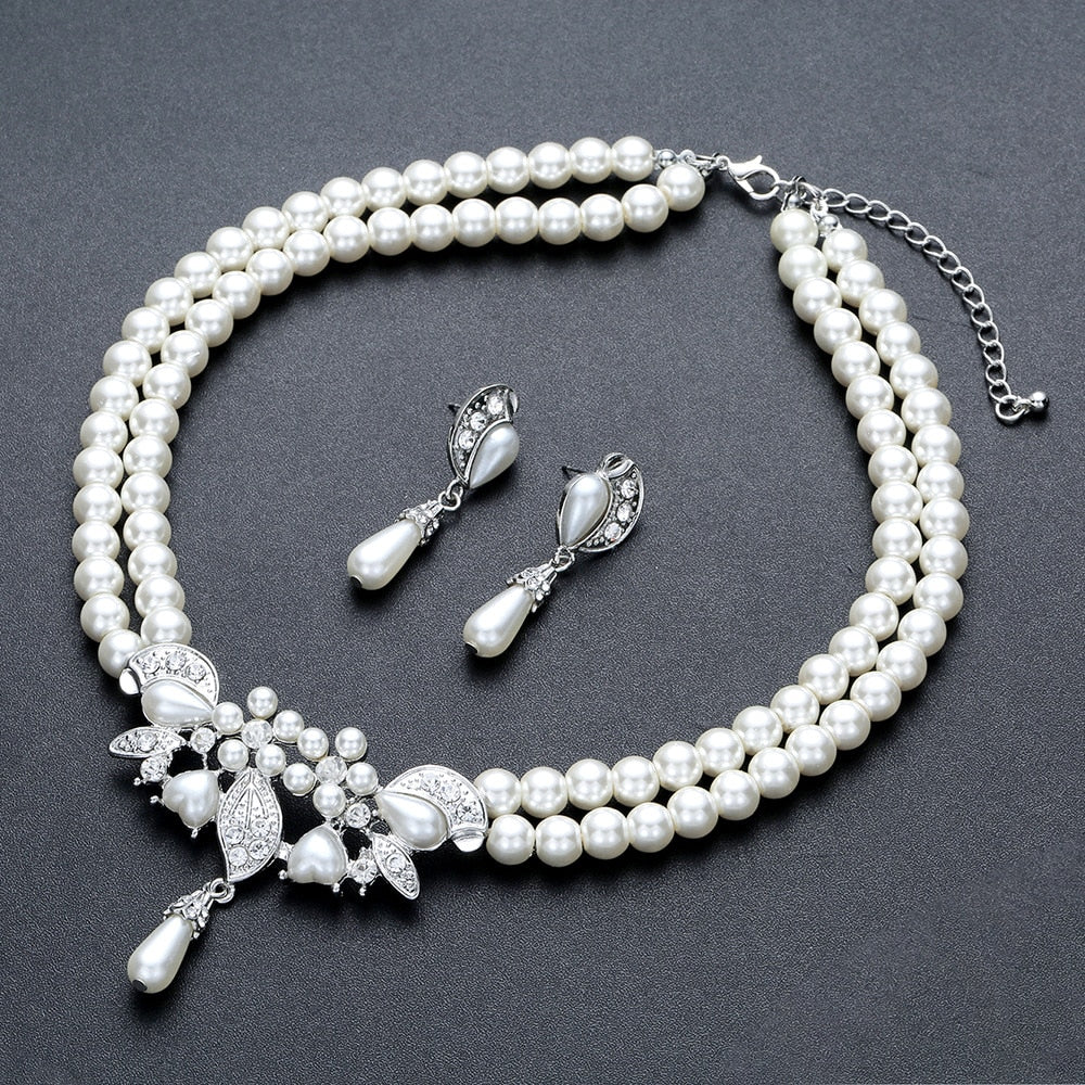 BELLA Design Women's Fine Fashion Vintage Flower Rhinestones & Beads Pearl Jewelry Set
