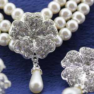 BELLA Design Women's Luxury Style Fashion Vintage Elegant Clover Leaves Multi-Layer Pearl Jewelry Set