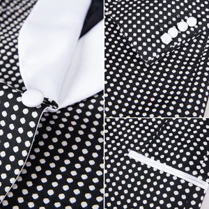 CGSUITS Men's Fashion Formal 3 Piece Black & White Polka Dots Tuxedo (Jacket + Vest + Pants) Suit Set