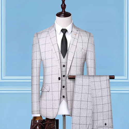 TQSUITS Men's Premium Quality Jacket Vest & Pants 3 Piece Formal Wear Beige Plaid Suit Set