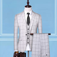 TQSUITS Men's Premium Quality Jacket Vest & Pants 3 Piece Formal Wear Beige Plaid Suit Set