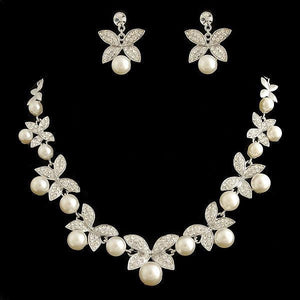 BELLA Design Women's Fine Fashion Vintage Bouquet of Flowers Rhinestones & Beads Pearl Jewelry Set