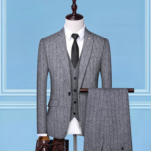 TQSUITS Men's Premium Quality Jacket Vest & Pants 3 Piece Formal Wear Beige Plaid Suit Set