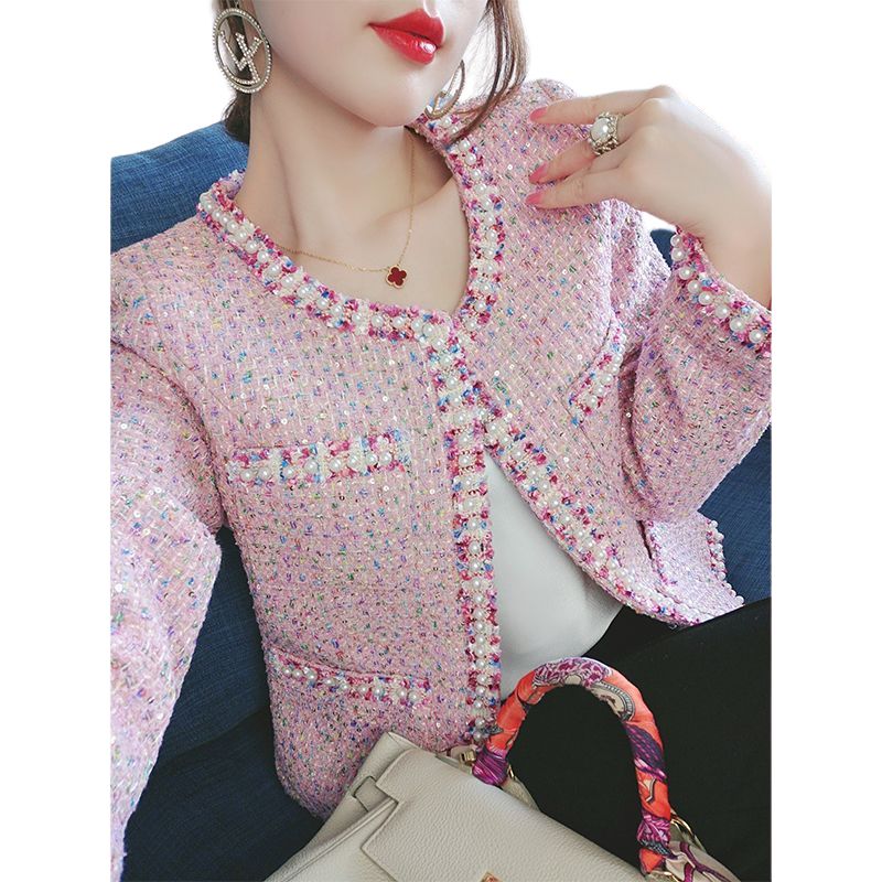 UTG Women's Elegant Stylish Fashion Office Business Casual Beaded Pink Plaid Blazer Jacket - Divine Inspiration Styles