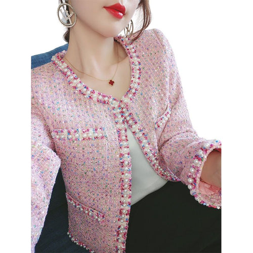 UTG Women's Elegant Stylish Fashion Office Business Casual Beaded Pink Plaid Blazer Jacket - Divine Inspiration Styles