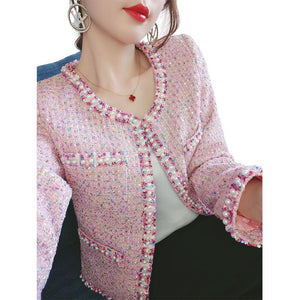UTG Women's Elegant Stylish Fashion Office Business Casual Beaded Pink Plaid Blazer Jacket - Divine Inspiration Styles