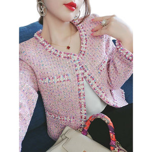 UTG Women's Elegant Stylish Fashion Office Business Casual Beaded Pink Plaid Blazer Jacket - Divine Inspiration Styles