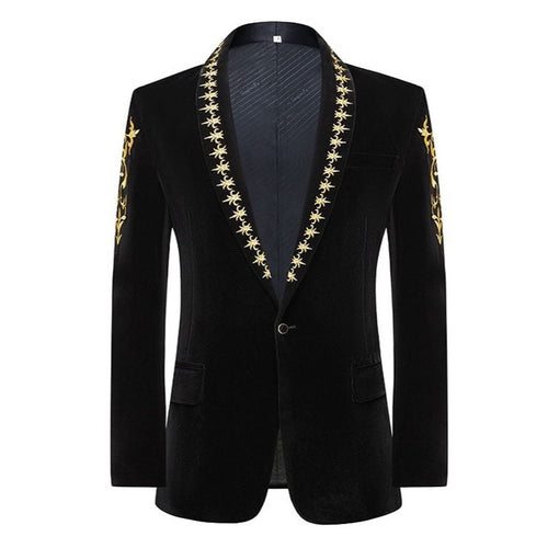VALENTINE SUITS Men's Fashion Premium Black & Gold Embroidery Design Tuxedo Blazer Jacket