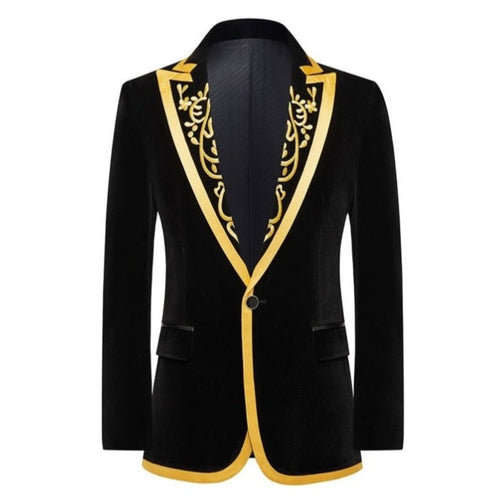 VALENTINE SUITS Men's Fashion Premium Black & Gold Embroidery Design Tuxedo Blazer Jacket