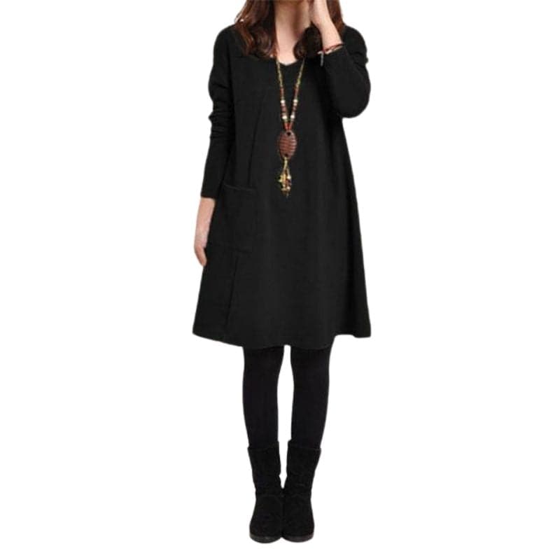 Zanzea Women's Fashion 5 Colors Long Sleeves Pocket V-Neck Tunic Dress Classic Black / L