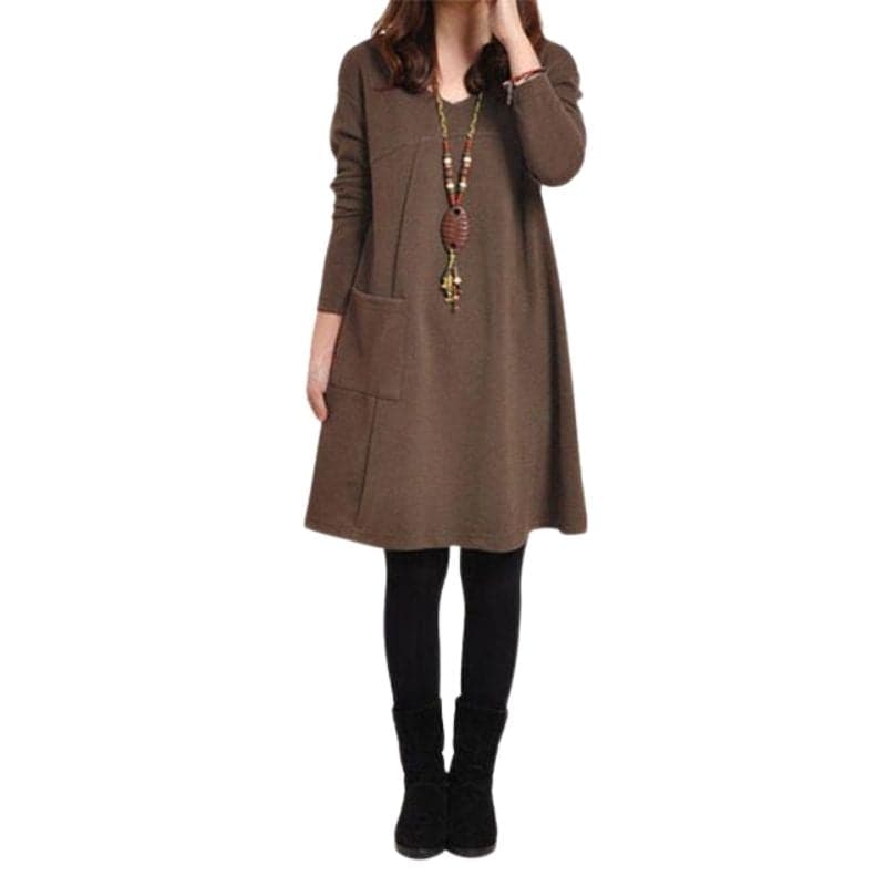 Zanzea Women's Fashion 5 Colors Long Sleeves Pocket V-Neck Tunic Dress Chocolate Brown / Xs Zanzea Women's Fashion 5 Colors Long Sleeves Pocket V-Neck Tunic Dress Chocolate Brown / Xs