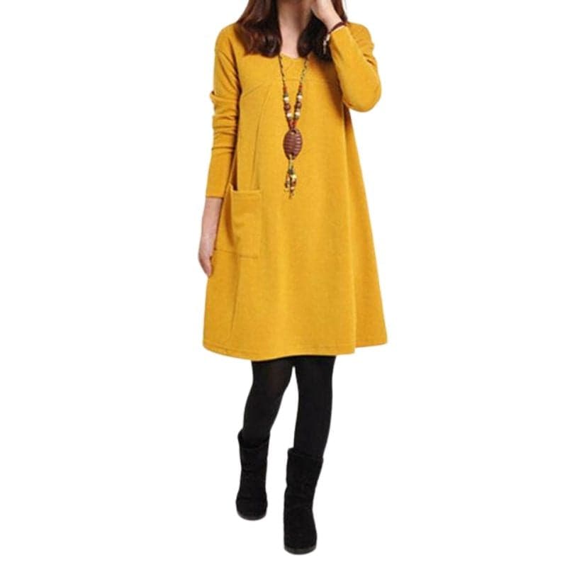 Zanzea Women's Fashion 5 Colors Long Sleeves Pocket V-Neck Tunic Dress Golden Yellow / XL Zanzea Women's Fashion 5 Colors Long Sleeves Pocket V-Neck Tunic Dress Golden Yellow / XL
