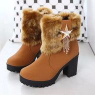 HADARA Design Women's Fashion Star Statement Plush Fur Stylish Golden Brown Ankle Boots - Divine Inspiration Styles