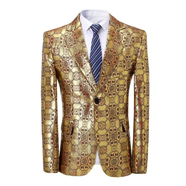 CGSUITS Men's Fashion Golden Yellow Luxury Style Geometric Design Jacquard Blazer Suit Jacket Golden Yellow/Red / S