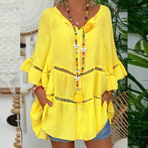 FRANCESCA Design Women's Fashion Solid Cotton Linen Fancy Hollowed V-Neck Blouse - Divine Inspiration Styles