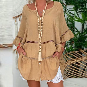 FRANCESCA Design Women's Fashion Solid Cotton Linen Fancy Hollowed V-Neck Blouse - Divine Inspiration Styles