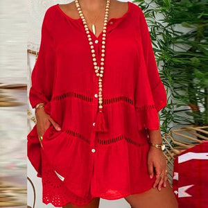 FRANCESCA Design Women's Fashion Solid Cotton Linen Fancy Hollowed V-Neck Blouse - Divine Inspiration Styles