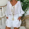 FRANCESCA Design Women's Fashion Solid Cotton Linen Fancy Hollowed V-Neck Blouse - Divine Inspiration Styles