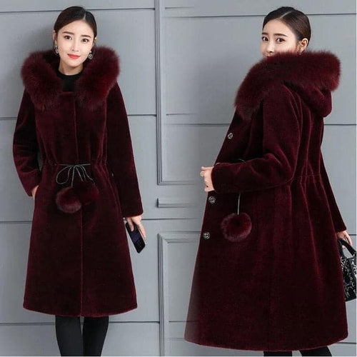 LUGENTOLO Women's Fine Fashion Elegant Burgundy Red Faux Fur Coat Jacket With Hoody & Tassel Pom-Pom - Divine Inspiration Styles