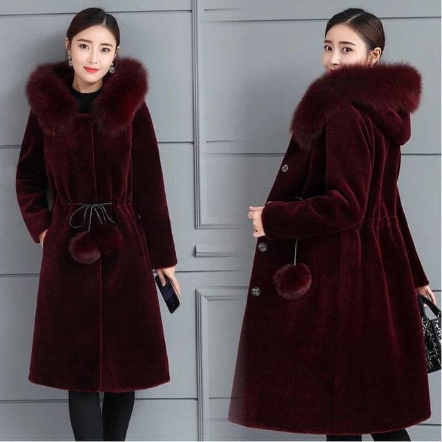 LUGENTOLO Women's Fine Fashion Elegant Burgundy Red Faux Fur Coat Jacket With Hoody & Tassel Pom-Pom - Divine Inspiration Styles