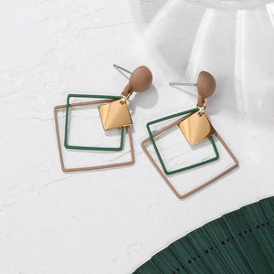 PXM Women's Fashion Stylish Statement Green Geometric Gold Tone Drop Earrings - Divine Inspiration Styles