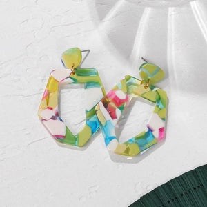 PXM Women's Fashion Stylish Statement Green Geometric Gold Tone Drop Earrings - Divine Inspiration Styles
