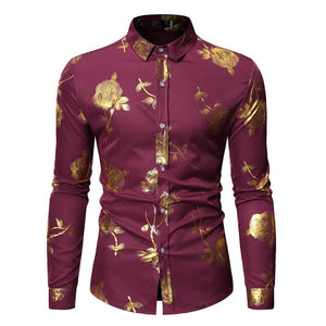 PARKLEES Men's Fashion Premium Quality Golden Rose Floral Embellished Dress Shirt - Divine Inspiration Styles