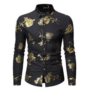 PARKLEES Men's Fashion Premium Quality Golden Rose Floral Embellished Dress Shirt - Divine Inspiration Styles