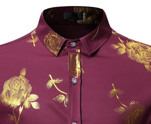 PARKLEES Men's Fashion Premium Quality Golden Rose Floral Embellished Dress Shirt - Divine Inspiration Styles