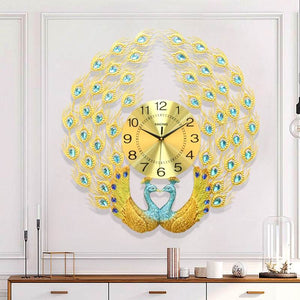 SERENITY Golden Blue Double Peacock Wall Clock Modern Design Creative Art Wall Clock for Home Decorations - Divine Inspiration Styles