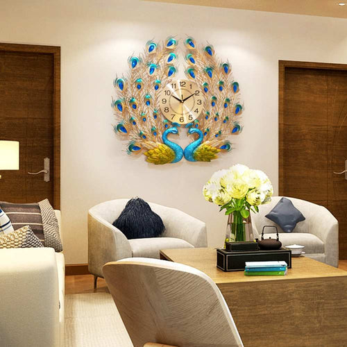 SERENITY Golden Blue Double Peacock Wall Clock Modern Design Creative Art Wall Clock for Home Decorations - Divine Inspiration Styles