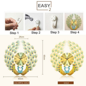 SERENITY Golden Blue Double Peacock Wall Clock Modern Design Creative Art Wall Clock for Home Decorations - Divine Inspiration Styles