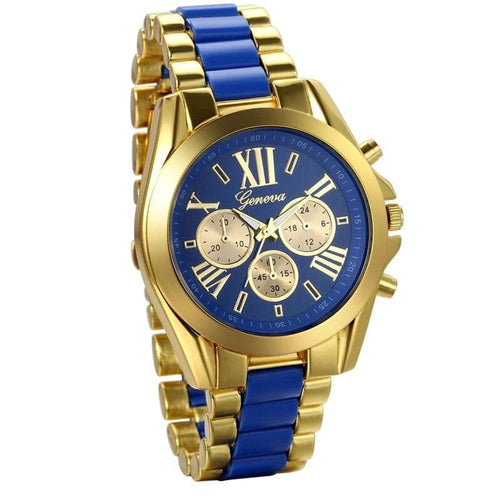 GENEVA Men's Luxury Fashion Premium Quality Golden Blue Stainless Steel Quartz Watch - Divine Inspiration Styles