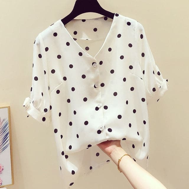 DDJ Women's Fashion Stylish Polka Dots Chiffon Blouse Top - Divine Inspiration Styles