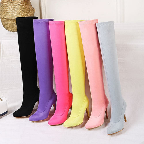 DORA Women's Elegant Fine Fashion Elastic Velvet Suede Thigh High Dress Boots - Divine Inspiration Styles