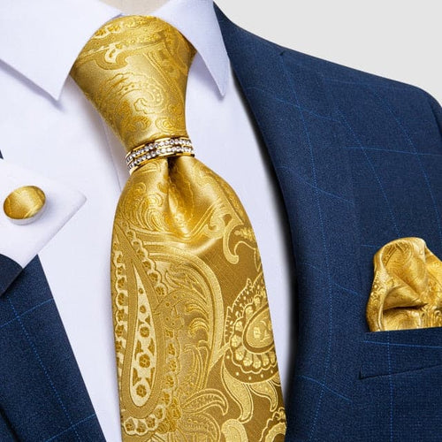 DBG VIP Design Collection Men's Fashion Golden Yellow 100% Premium Quality Silk Tie Set with Ring & Handkerchief - Divine Inspiration Styles