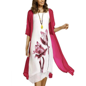 MAYS Women's Fashion Elegant Stylish 2Pcs/Set with Cardigan Vintage Flower Art Print Dress - Divine Inspiration Styles