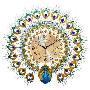 EXQUISITE Golden Blue Green Peacock Wall Clock Modern Design Creative Art for Home or Office Decorations - Divine Inspiration Styles